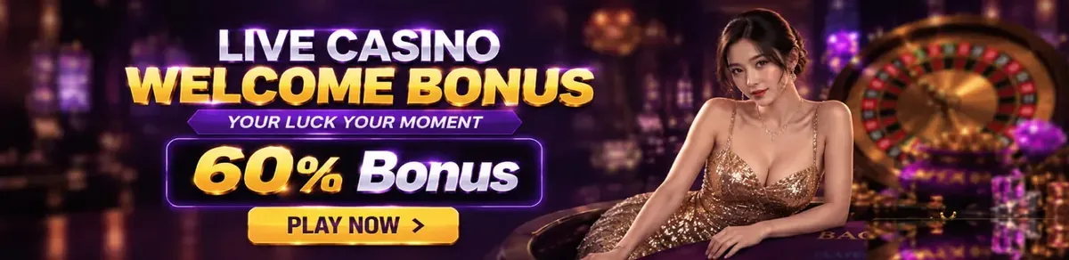 Live casino welcome bonus banner with 60 percent bonus